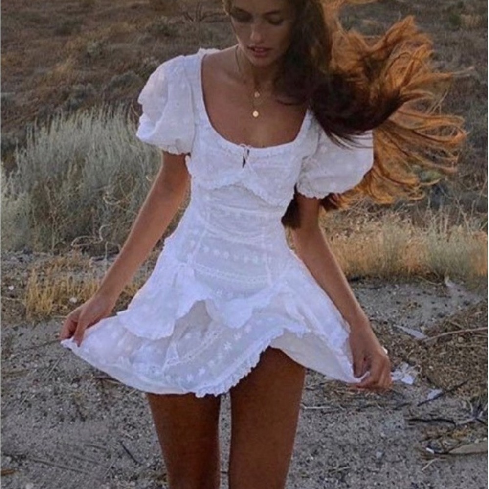 For Love and Lemons Iris Mini Dress White Eyelet Tiered Sz S‎